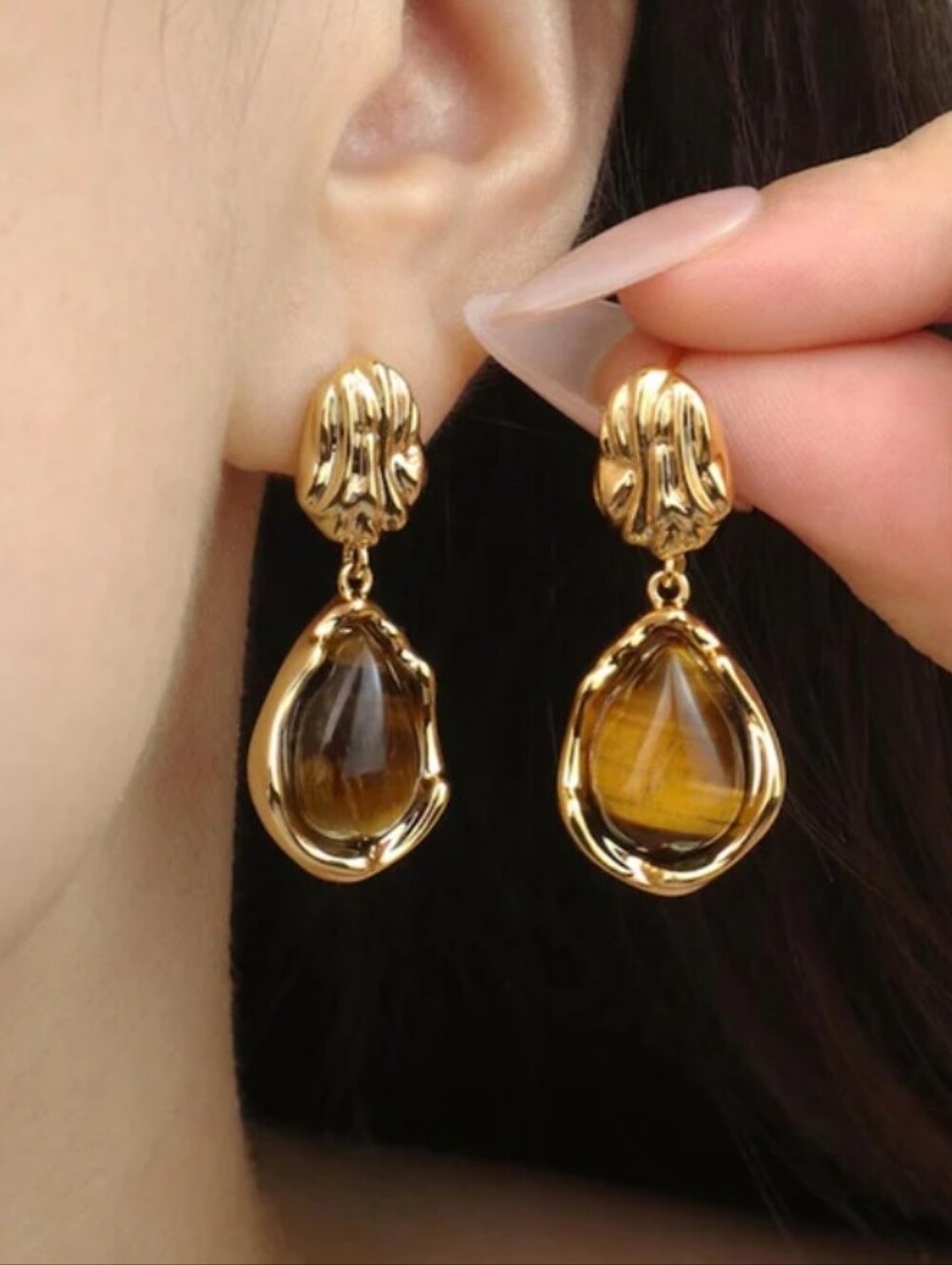 Gold Teardrop Tiger's Eye Drop Earrings